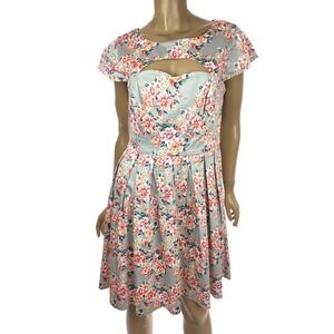 LC Lauren Conrad Size 12 Fit & Flare Dress Cap Sleeve Gray w Pink/Red Flowers
